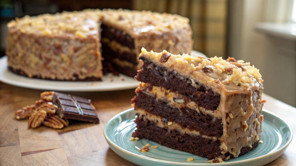 How to Make Irresistible German Chocolate Cake: A Perfect Dessert 1 Recipes Amani- A luscious slice of Irresistible German Chocolate Cake with layers of moist chocolate and creamy coconut-pecan frosting.