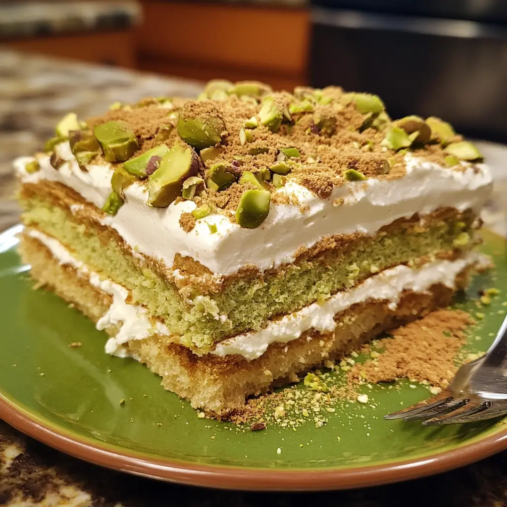 Close-up of Pistachio Tiramisu with layers of mascarpone cream and espresso-soaked ladyfingers.