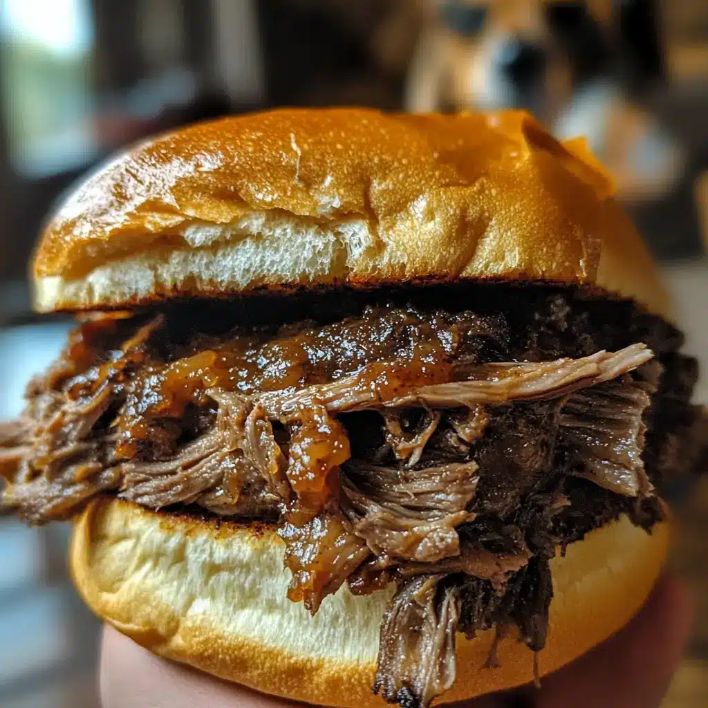 Juicy pulled beef sandwich with BBQ sauce and coleslaw on a toasted brioche bun.