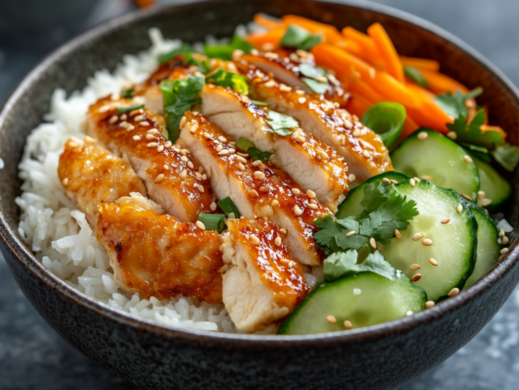 Coconut Chicken Rice Bowl with fresh toppings.