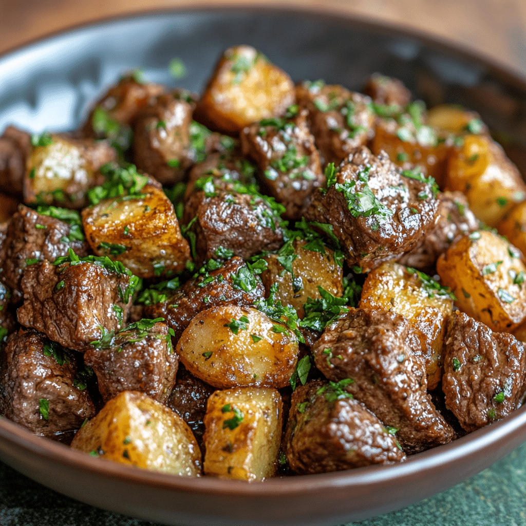 Garlic Butter Beef Bites and Potatoes