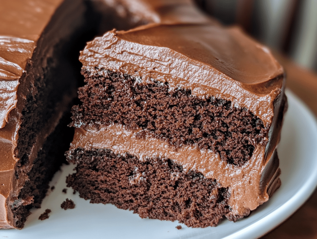 Moist homemade chocolate cake with chocolate frosting