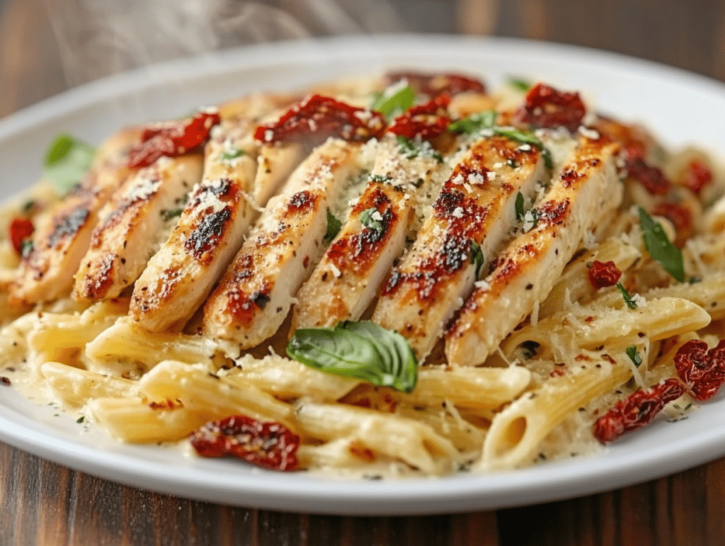 Creamy Marry Me Chicken Pasta with Parmesan and basil on a plate